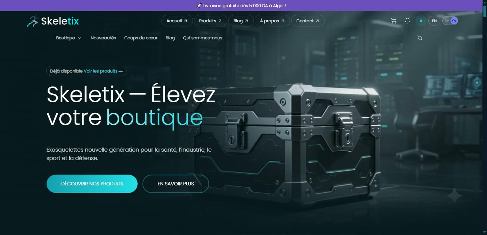 La boutique Skeletix : page d'accueil avec la bannière de livraison gratuite